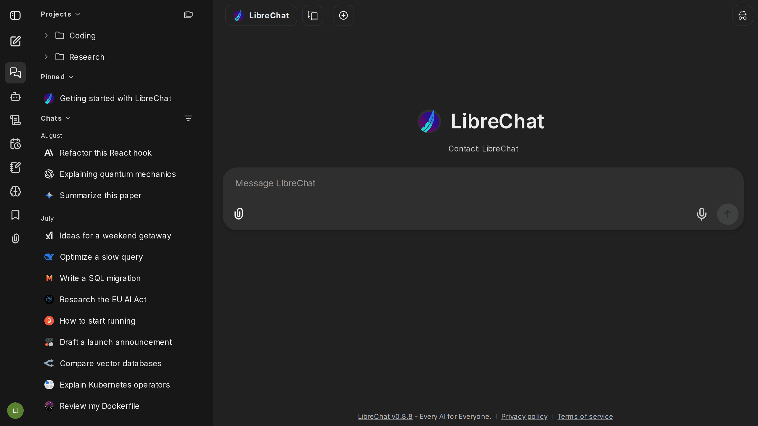 LibreChat desktop interface in dark mode