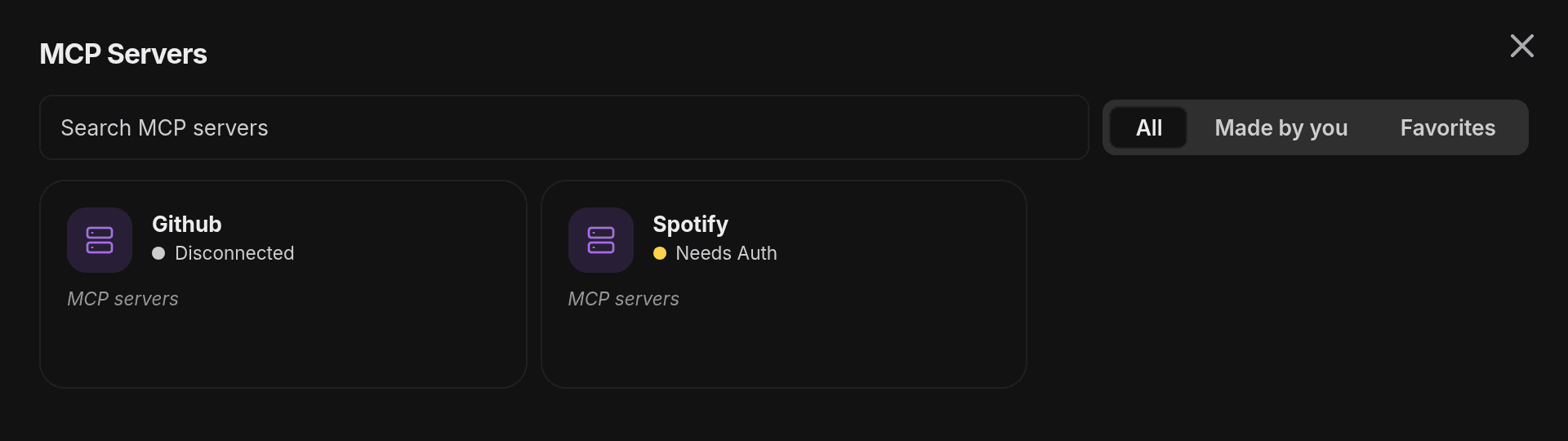 The MCP Servers catalog opened from the composer palette, showing each server's connection status