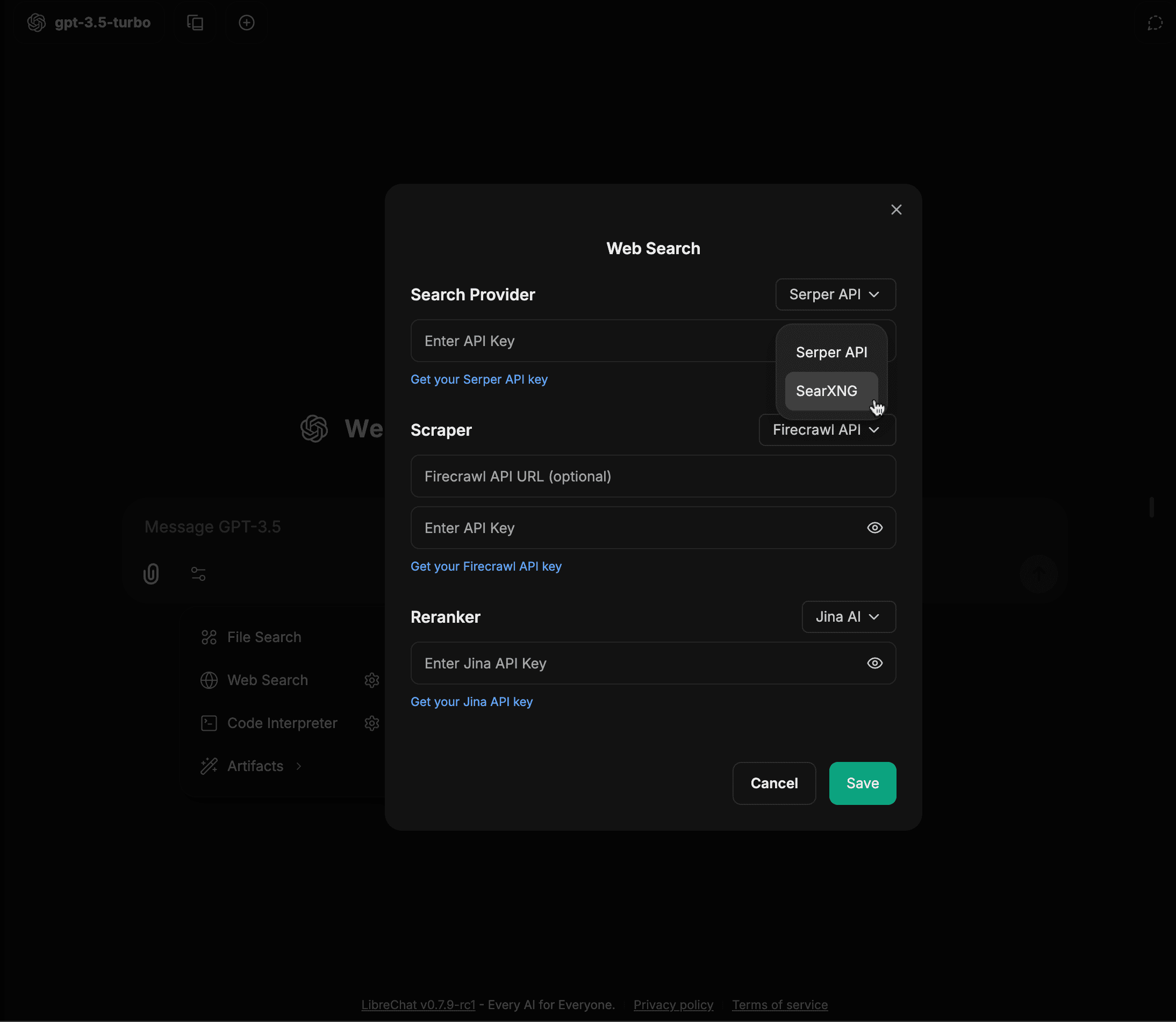 SearXNG dropdown selection