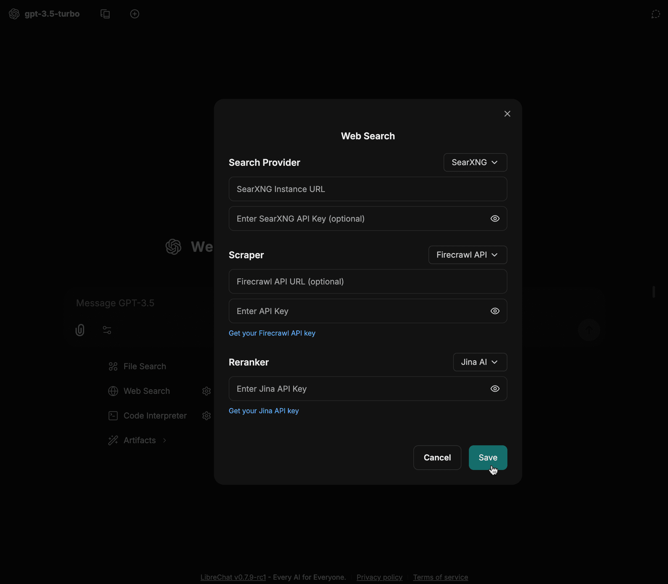 Save web search configuration